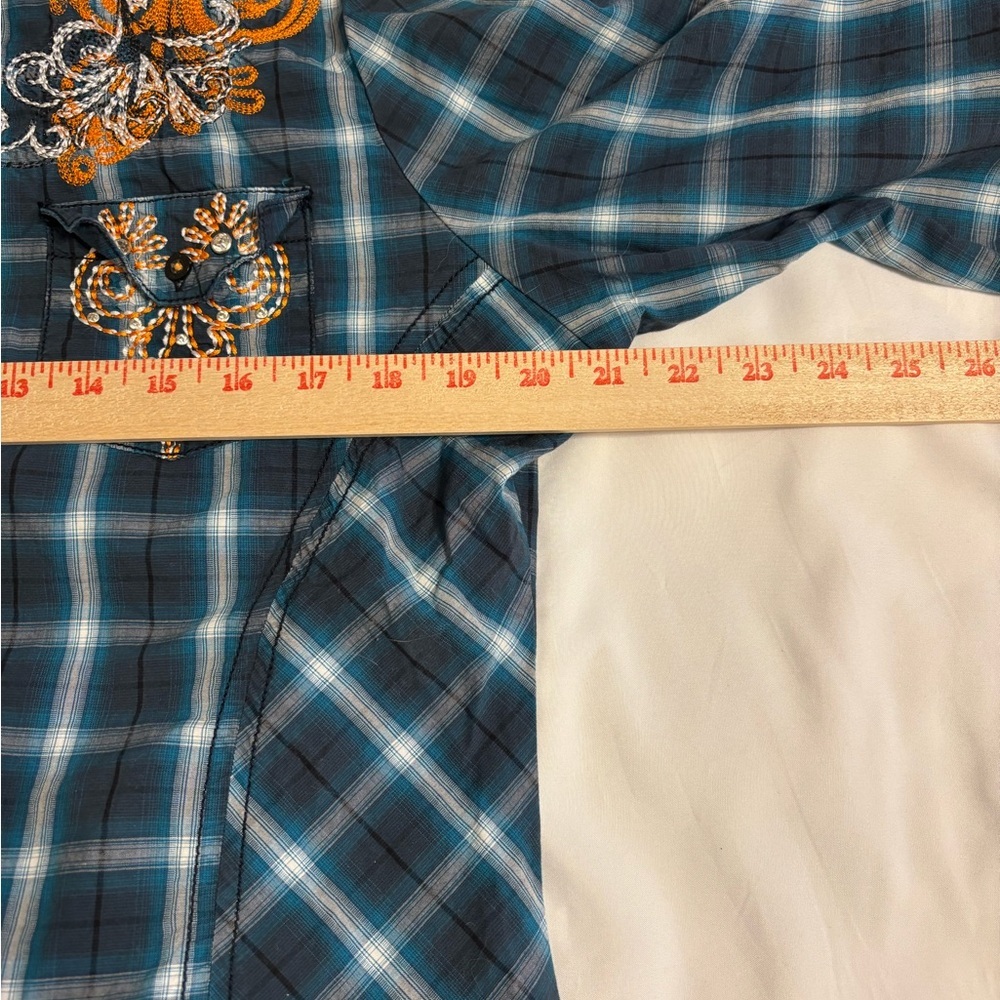 Grace in LA Embroidered Western Plaid Shirt Teal Orange Snap Button Large - Picture 4 of 9